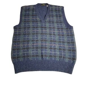Vintage Boundary Waters V Neck Plaid Vest XL Blue Green Wool Blend Made in Italy
